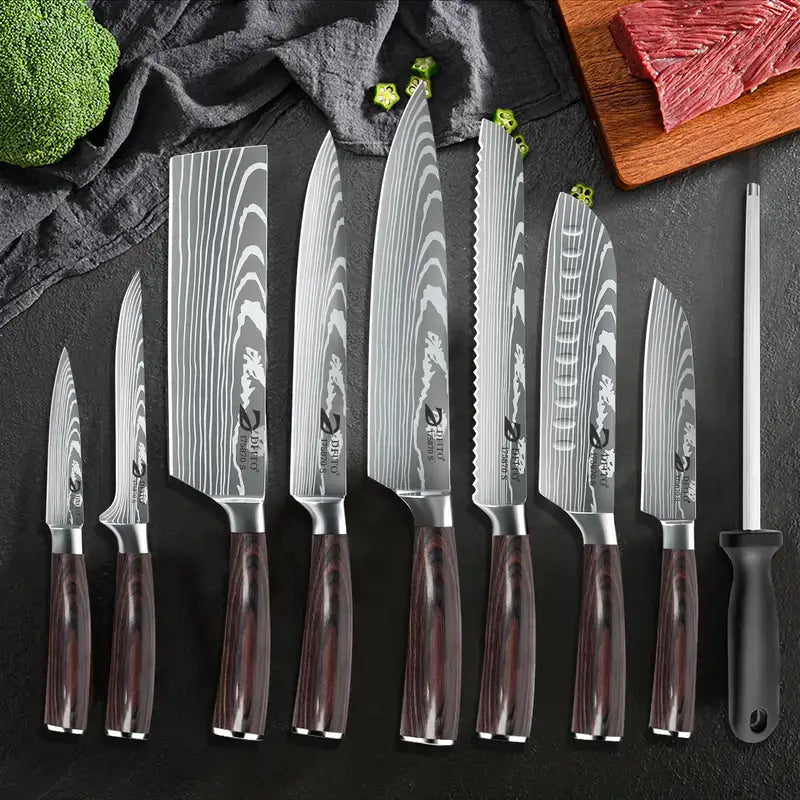 Home Cooking 9PCS German Steel Knives Laser Etched Roll Bag Gifts